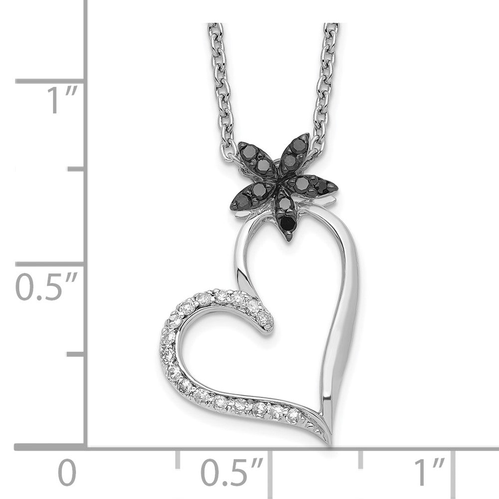Sterling Silver White Night Rhodium-Plated Black And Diamond Heart With Flower 18 Inch Necklace 2 Extender