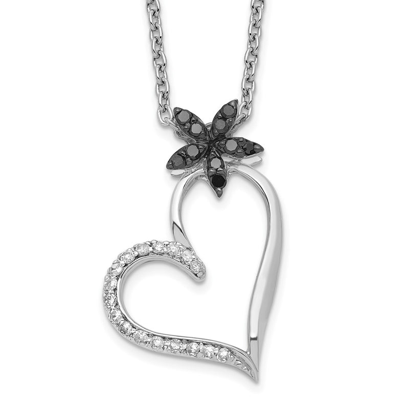 Sterling Silver White Night Rhodium-Plated Black And Diamond Heart With Flower 18 Inch Necklace 2 Extender