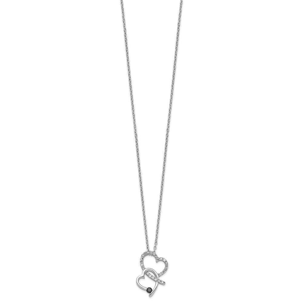 Sterling Silver White Night Rhodium-Plated Black And Diamond Double Heart 18 Inch Necklace With 2 Extender