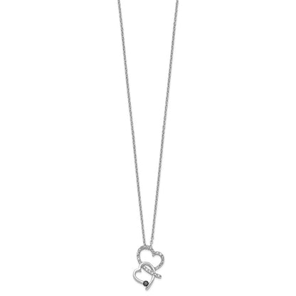 Sterling Silver White Night Rhodium-Plated Black And Diamond Double Heart 18 Inch Necklace With 2 Extender