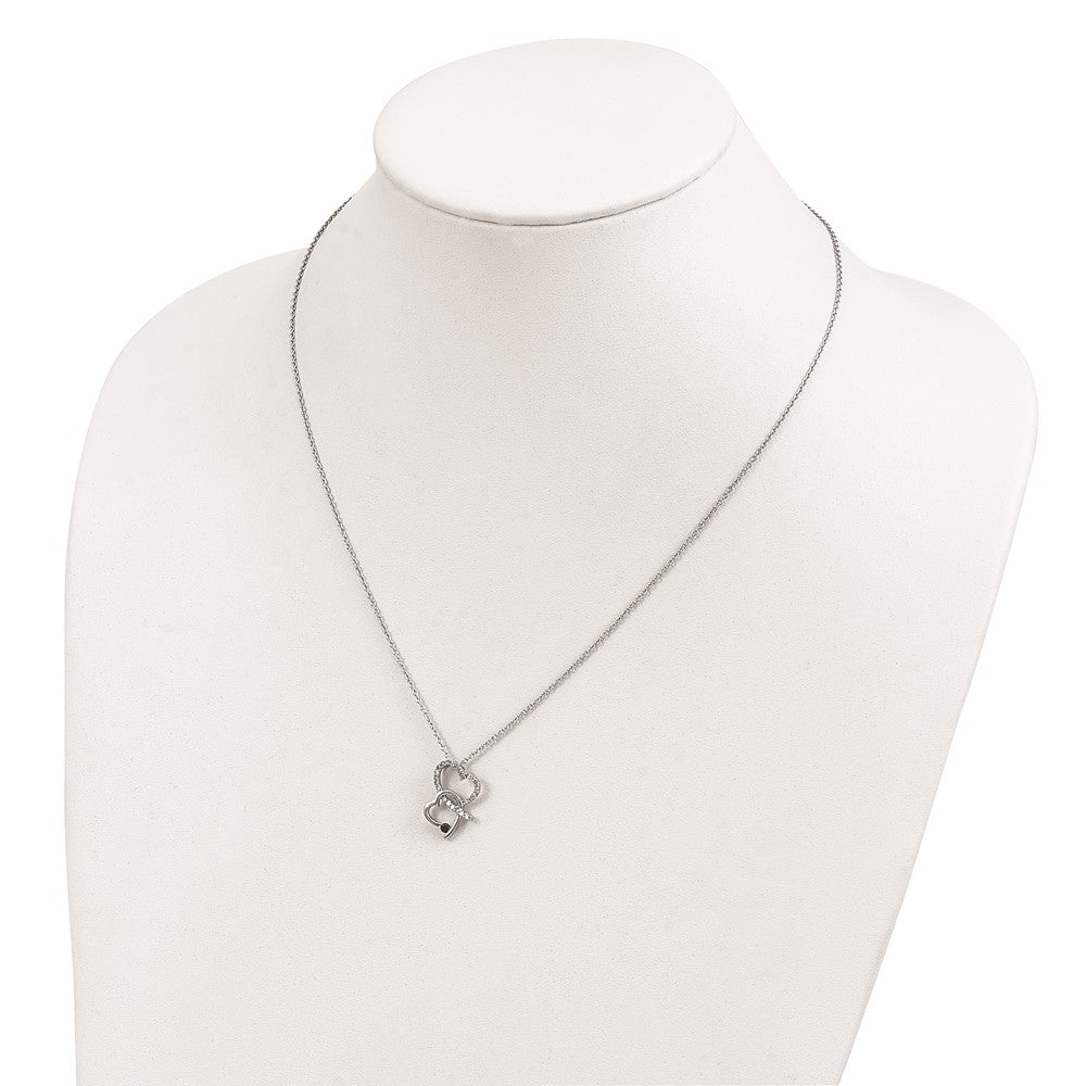 Sterling Silver White Night Rhodium-Plated Black And Diamond Double Heart 18 Inch Necklace With 2 Extender