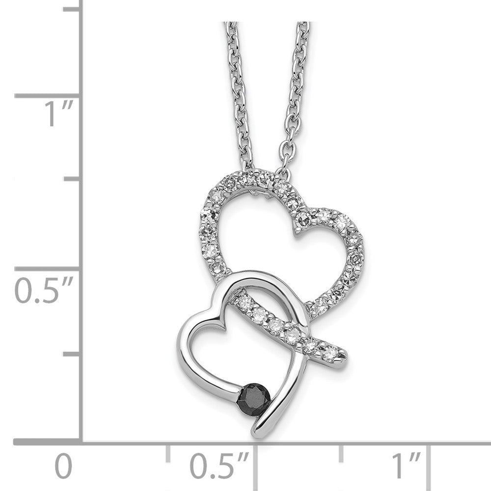 Sterling Silver White Night Rhodium-Plated Black And Diamond Double Heart 18 Inch Necklace With 2 Extender
