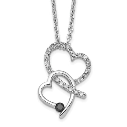 Sterling Silver White Night Rhodium-Plated Black And Diamond Double Heart 18 Inch Necklace With 2 Extender