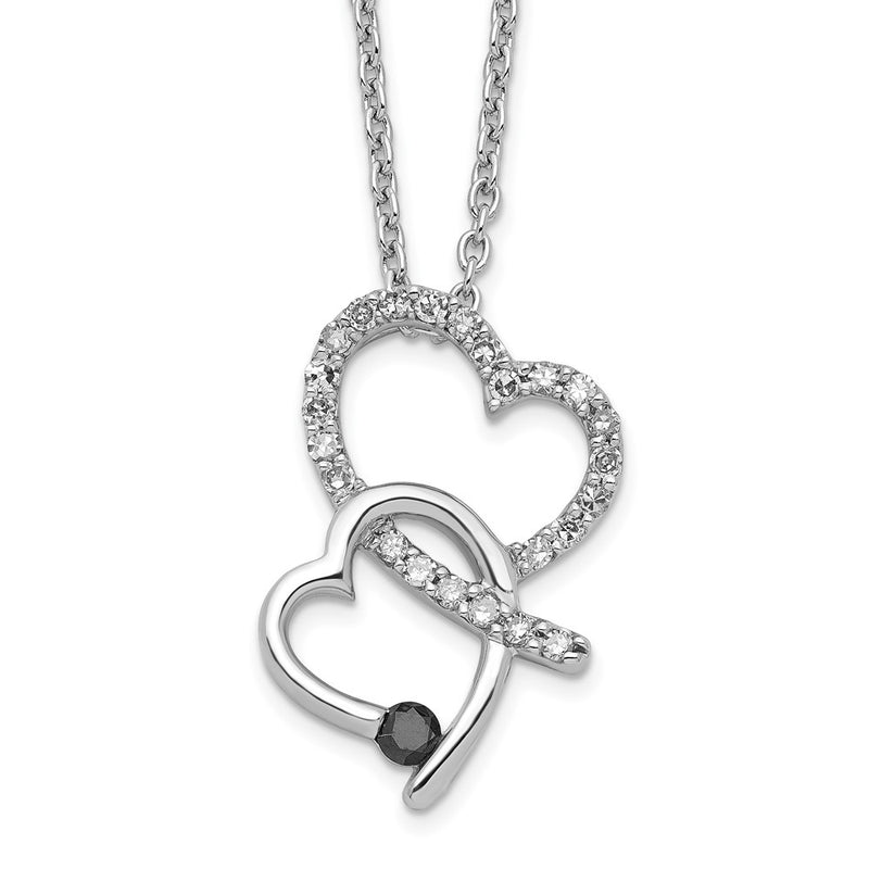 Sterling Silver White Night Rhodium-Plated Black And Diamond Double Heart 18 Inch Necklace With 2 Extender