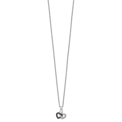 Sterling Silver White Night Rhodium-Plated Black And Diamond Double Heart 18 Inch Necklace With 2 Extender
