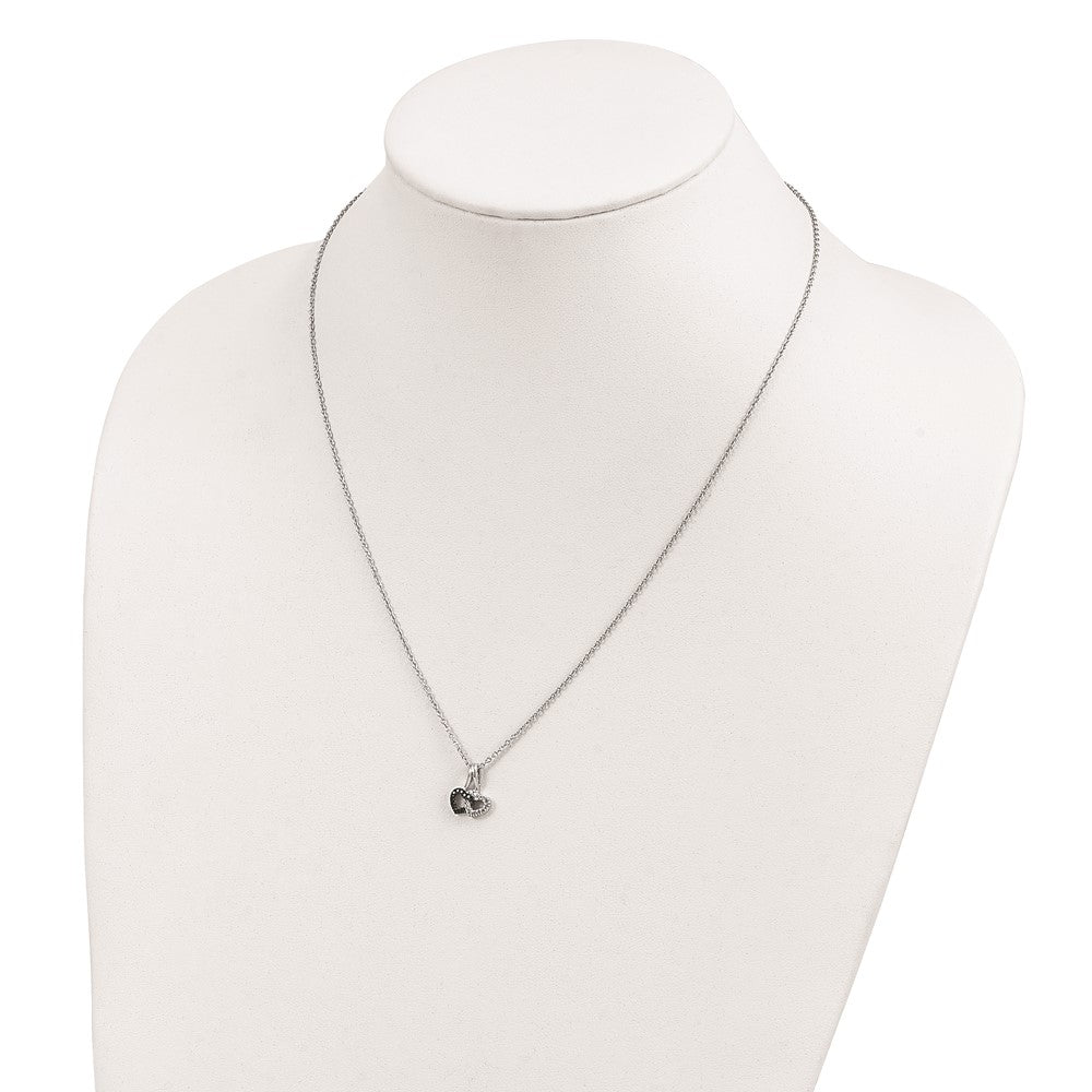 Sterling Silver White Night Rhodium-Plated Black And Diamond Double Heart 18 Inch Necklace With 2 Extender