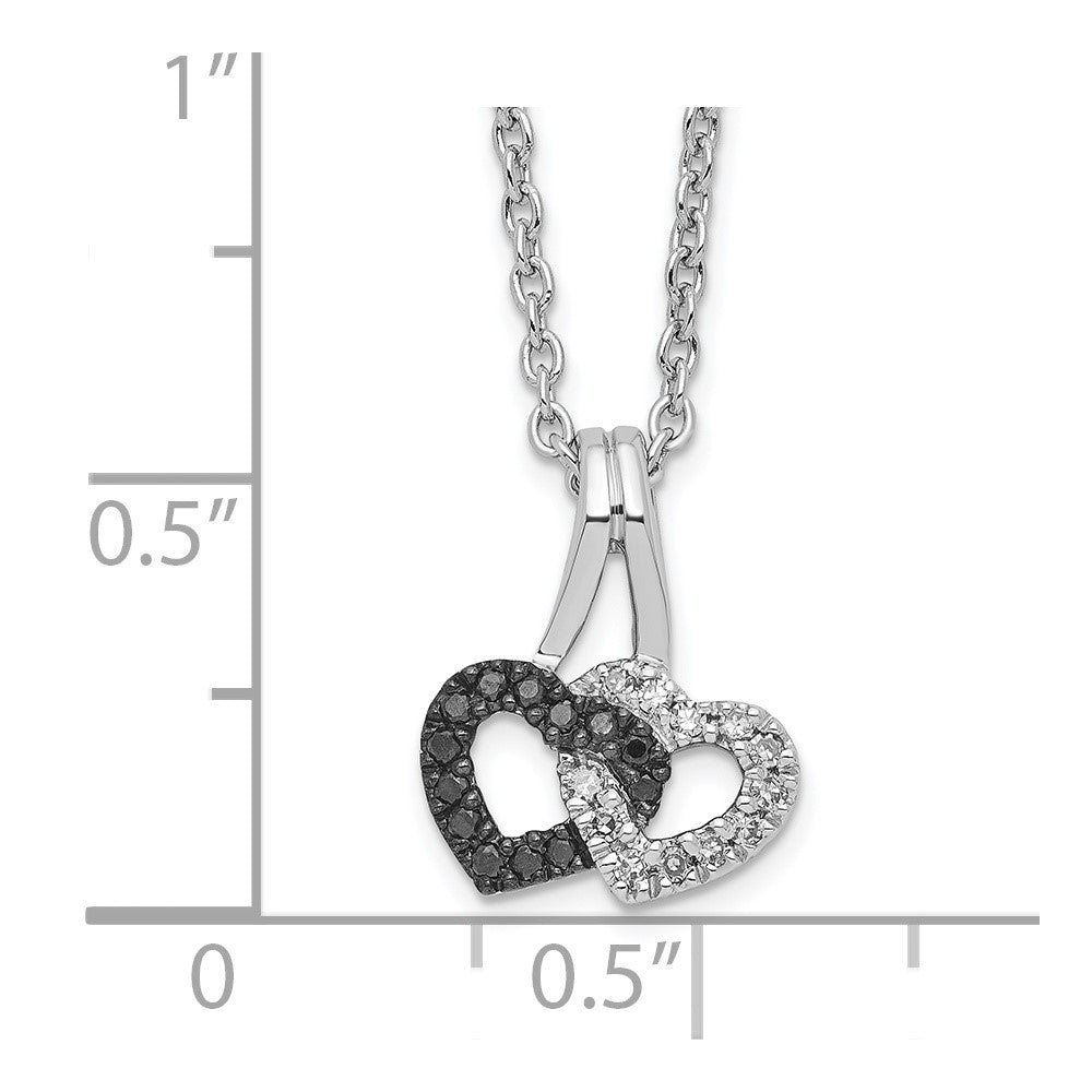Sterling Silver White Night Rhodium-Plated Black And Diamond Double Heart 18 Inch Necklace With 2 Extender