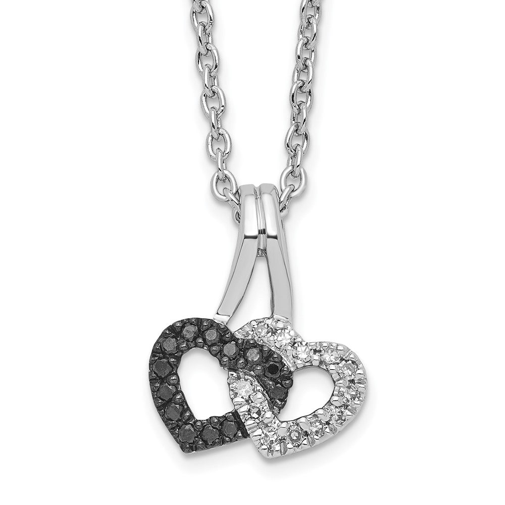 Sterling Silver White Night Rhodium-Plated Black And Diamond Double Heart 18 Inch Necklace With 2 Extender