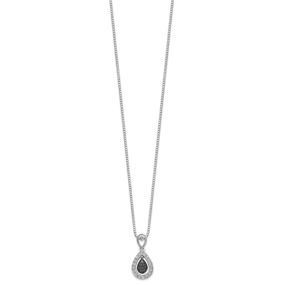 Sterling Silver White Night Rhodium-Plated Black With Diamond Double Teardrop 18 Inch Necklace 2 Extender