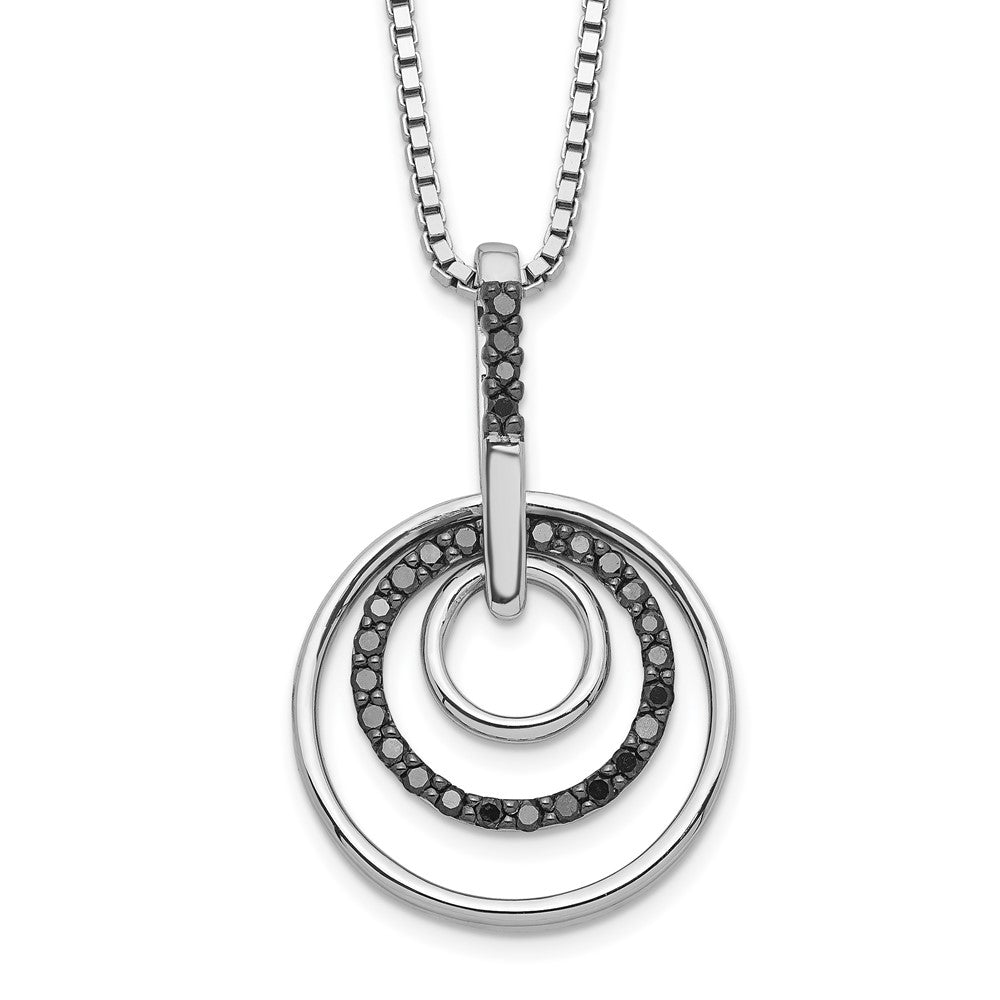 Sterling Silver White Night Rhodium-Plated Black Diamond Circle 18 Inch Necklace With 2 Extender