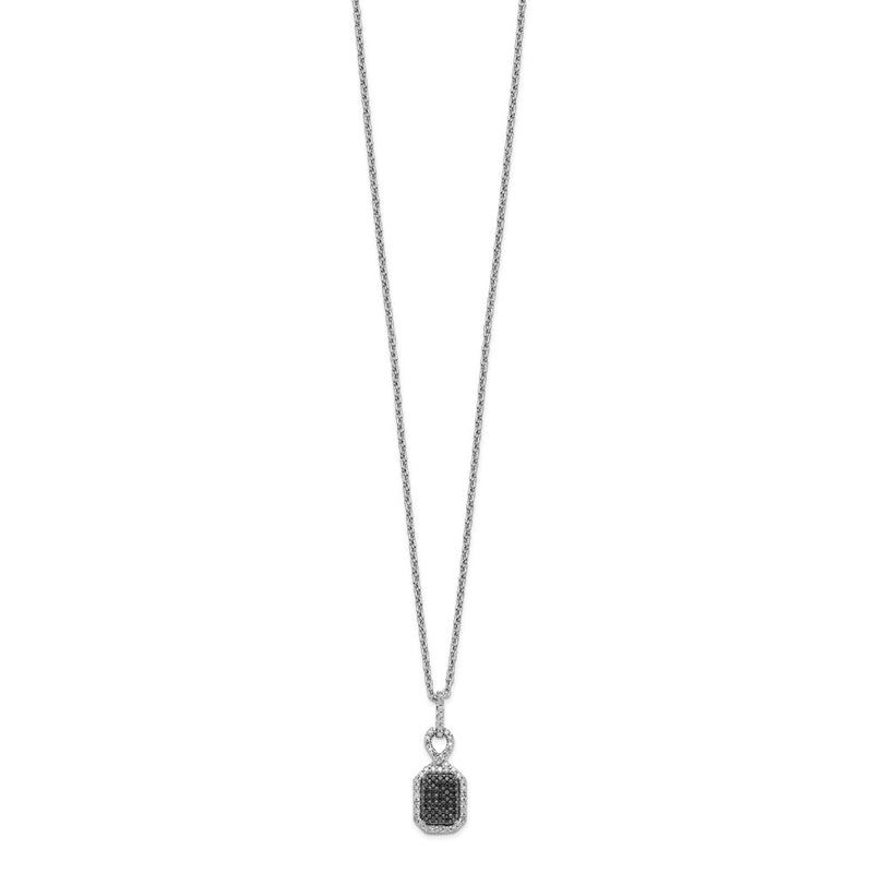 Sterling Silver White Night Rhodium-Plated Black And Diamond Rectangle Pendant 18 Inch Necklace With 2 Extender
