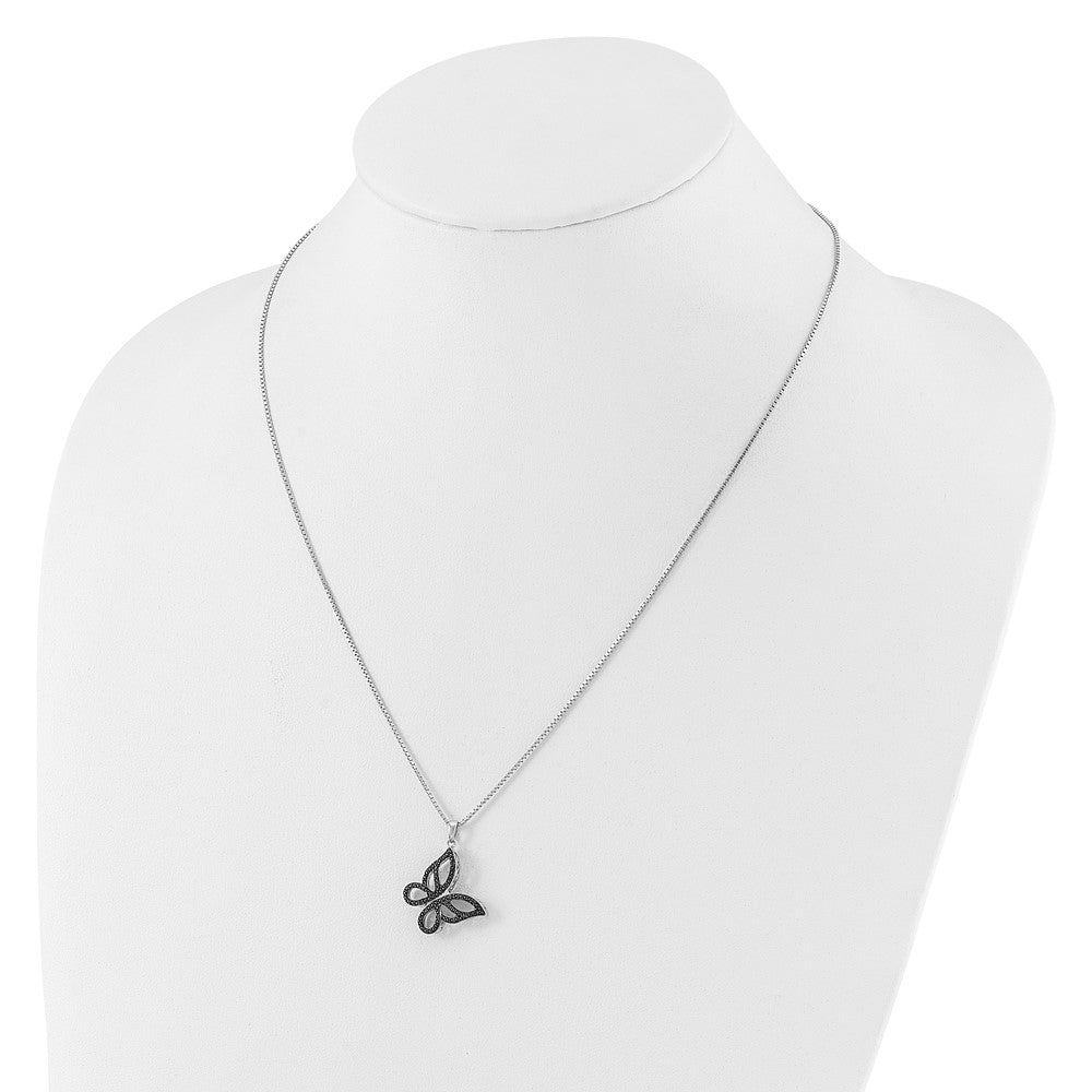 Sterling Silver White Night Rhodium-Plated Black Diamond Butterfly 18 Inch Necklace With 2 Extender