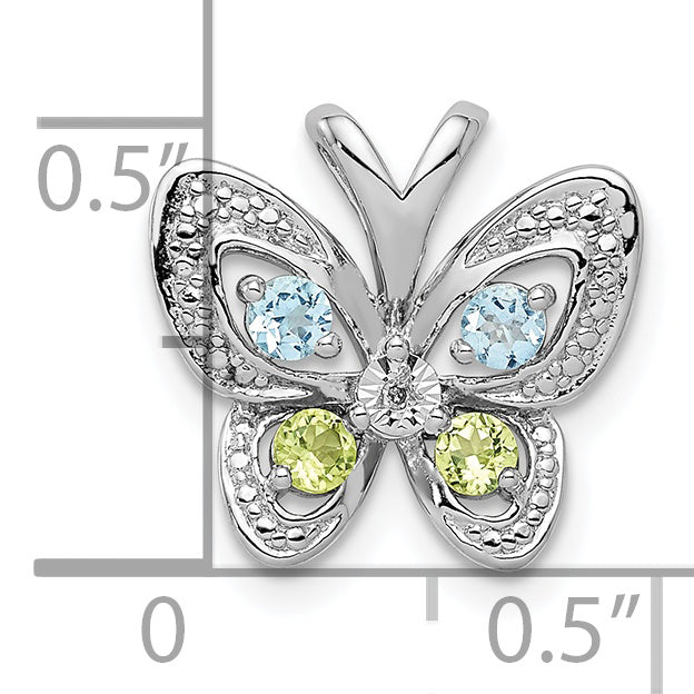 Sterling Silver Rhodium-plated Blue Topaz & Peridot & Diamond Pendant