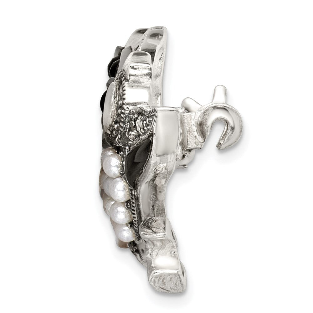 Sterling Silver Marcasite W/Black Agate, Mop & Fw Cultured Pearl Pin