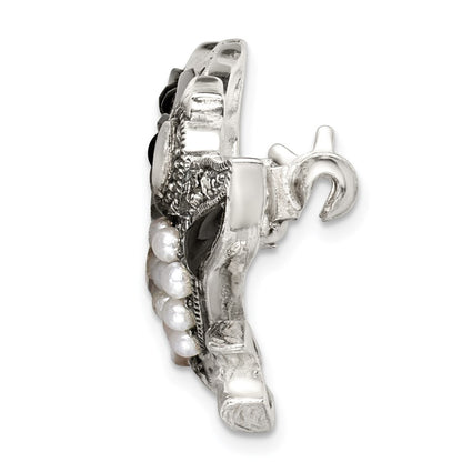 Sterling Silver Marcasite W/Black Agate, Mop & Fw Cultured Pearl Pin