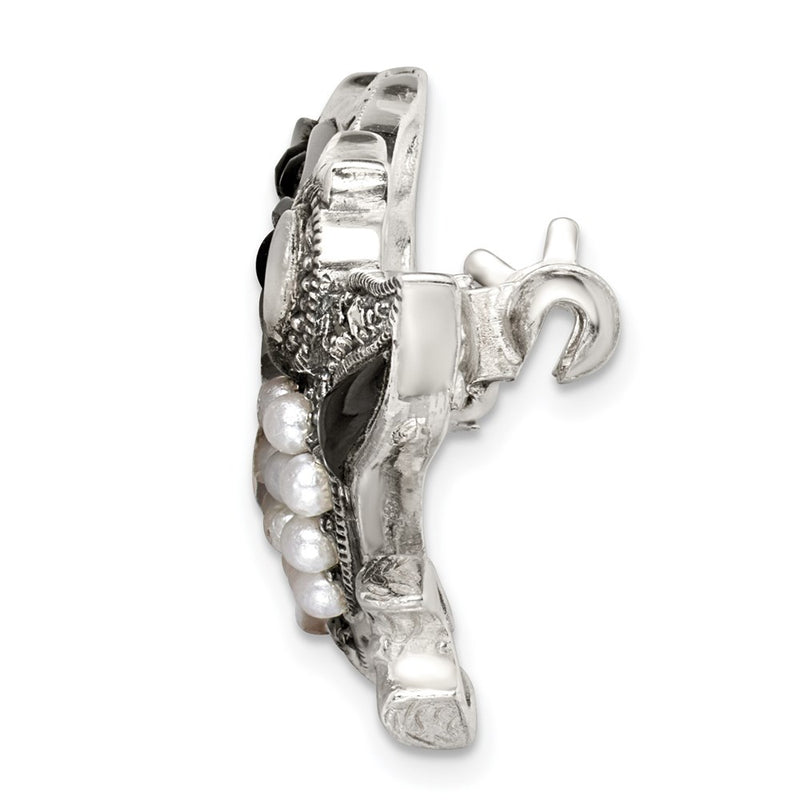 Sterling Silver Marcasite W/Black Agate, Mop & Fw Cultured Pearl Pin