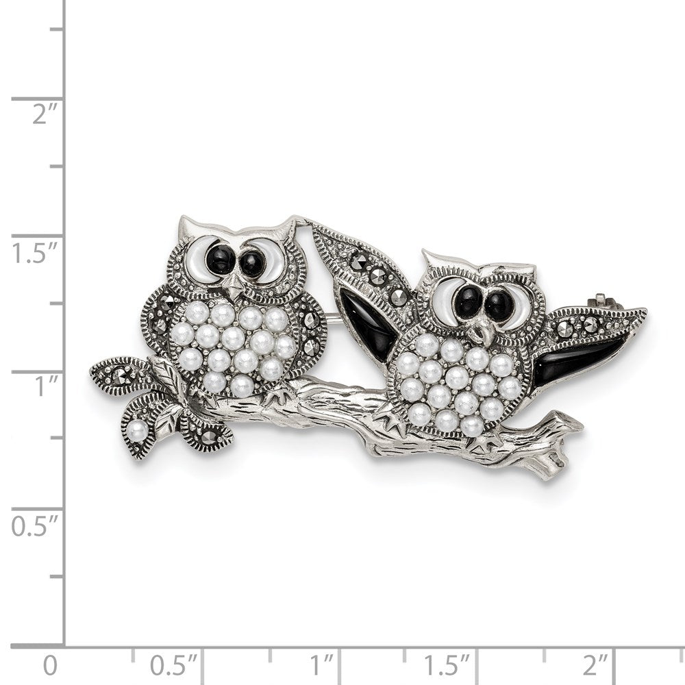 Sterling Silver Marcasite W/Black Agate, Mop & Fw Cultured Pearl Pin