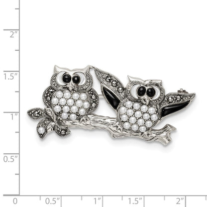 Sterling Silver Marcasite W/Black Agate, Mop & Fw Cultured Pearl Pin