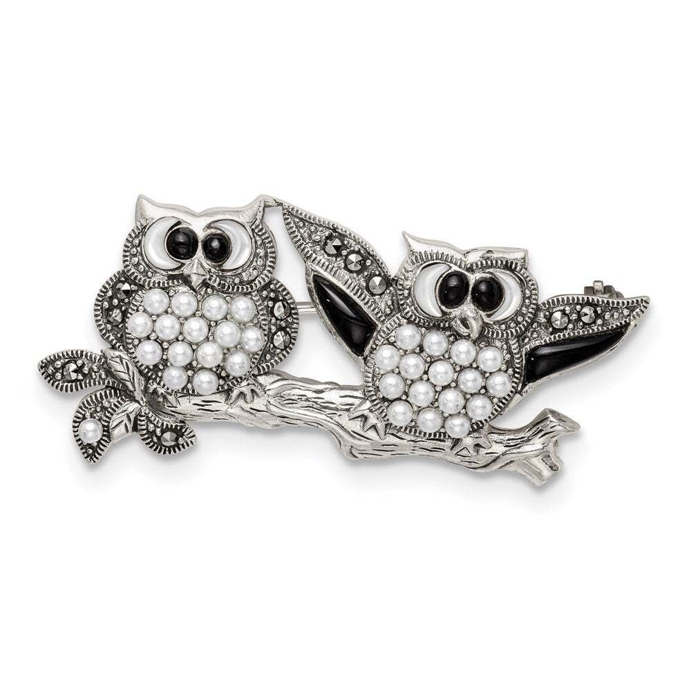 Sterling Silver Marcasite W/Black Agate, Mop & Fw Cultured Pearl Pin