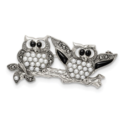 Sterling Silver Marcasite W/Black Agate, Mop & Fw Cultured Pearl Pin