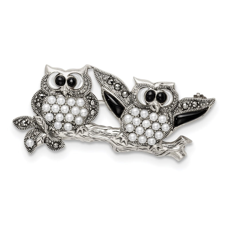 Sterling Silver Marcasite W/Black Agate, Mop & Fw Cultured Pearl Pin