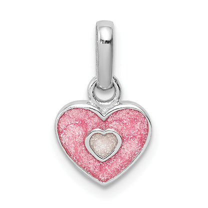 Sterling Silver Rh-Plated Pink Glitter Enameled Heart Children'S Pendant