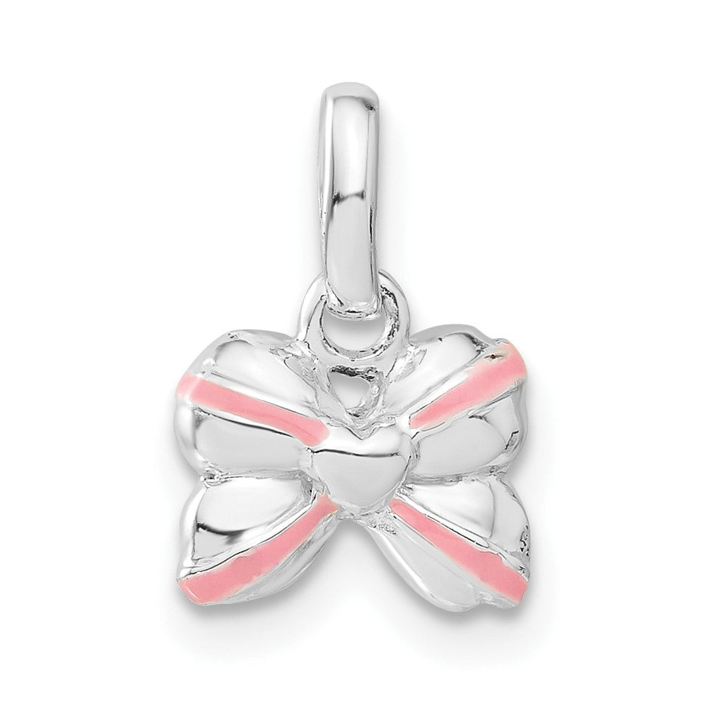 Sterling Silver Pink Enamel & Cz Kid'S Bow Pendant