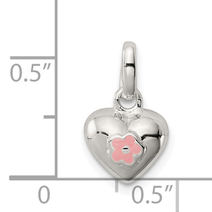 Sterling Silver Polished Pink Enamel Flower On Heart Children'S Pendant
