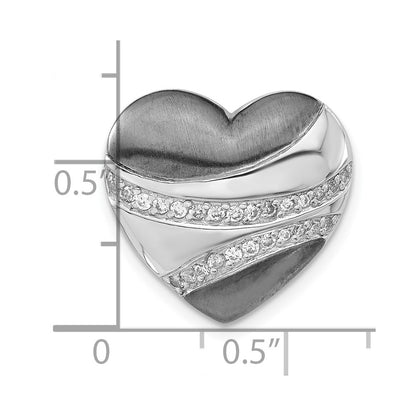 Sterling Silver W/ Black Rhodium Polished & Satin Cz Heart Chain Slide Pendant