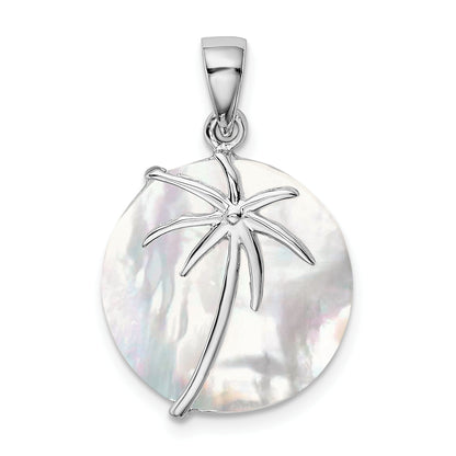 Sterling Silver Rhodium-Plated Polished Round Mother Of Pearl Palm Tree Pendant