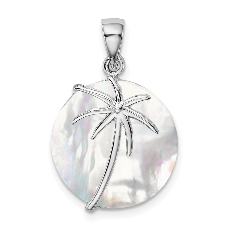 Sterling Silver Rhodium-Plated Polished Round Mother Of Pearl Palm Tree Pendant