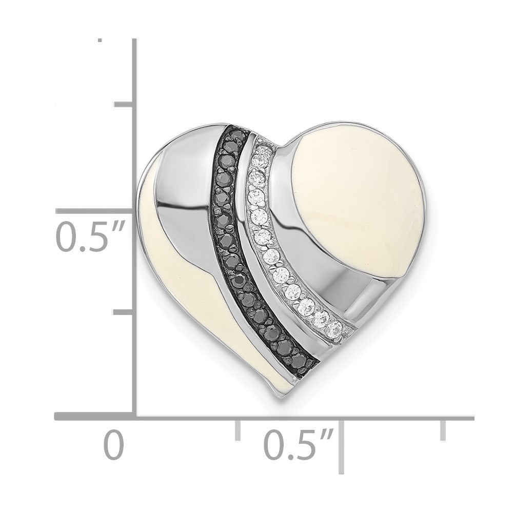 Sterling Silver W/ Black Rhodium White & Enamel Cz Heart Chain Slide Pendant