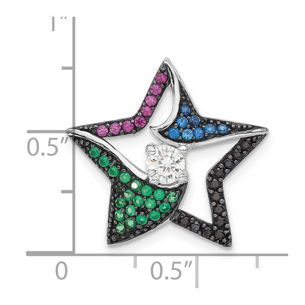 Sterling Silver & Black Rhodium Multi-Color Stones Cz Star Chain Slide