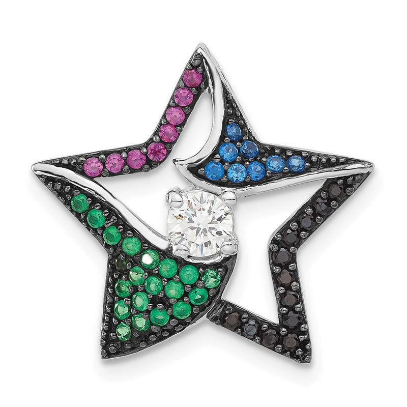 Sterling Silver & Black Rhodium Multi-Color Stones Cz Star Chain Slide