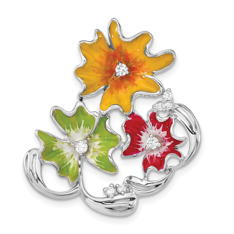 Sterling Silver Polished Red, Green & Yellow Enamel Cz Flower Slide