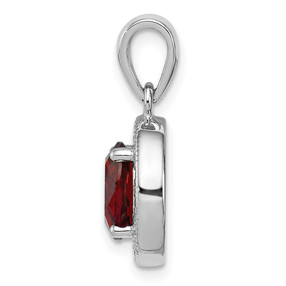 Sterling Silver Rhod-Plated W/ Dark Red And White Cz Oval Pendant