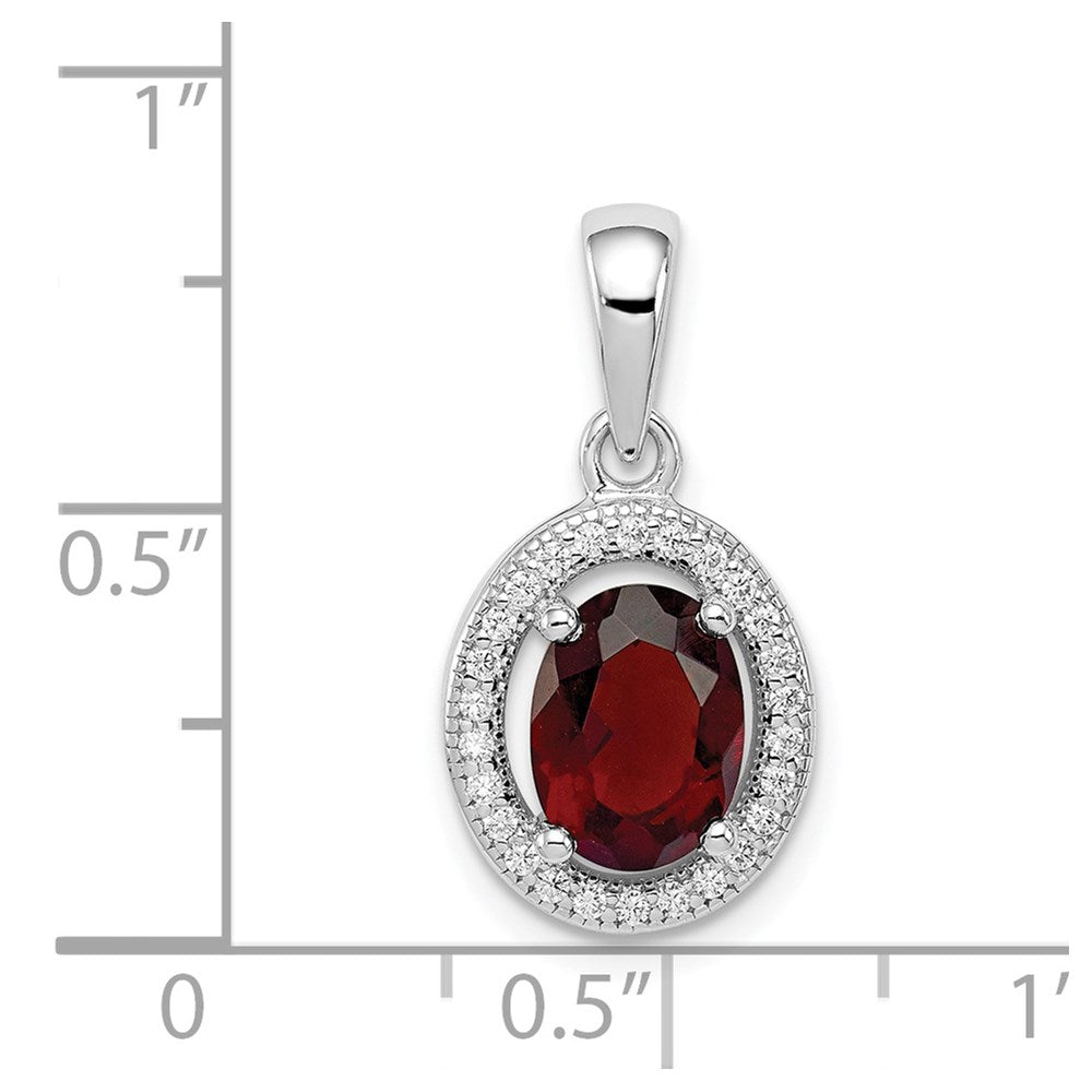 Sterling Silver Rhod-Plated W/ Dark Red And White Cz Oval Pendant