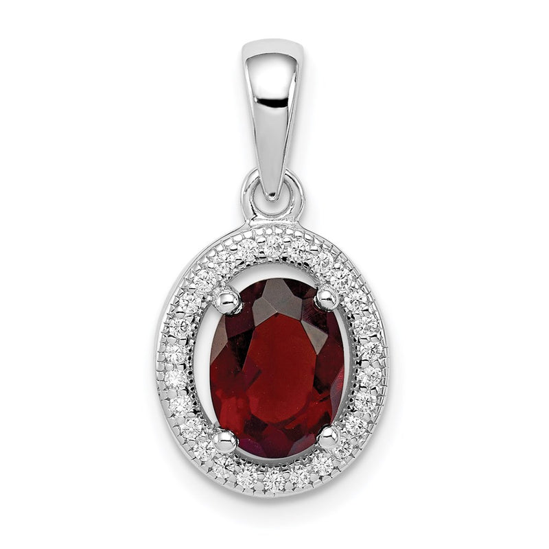 Sterling Silver Rhod-Plated W/ Dark Red And White Cz Oval Pendant