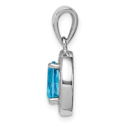 Sterling Silver Rhod-Plated W/ Light Blue And White Cz Oval Pendant