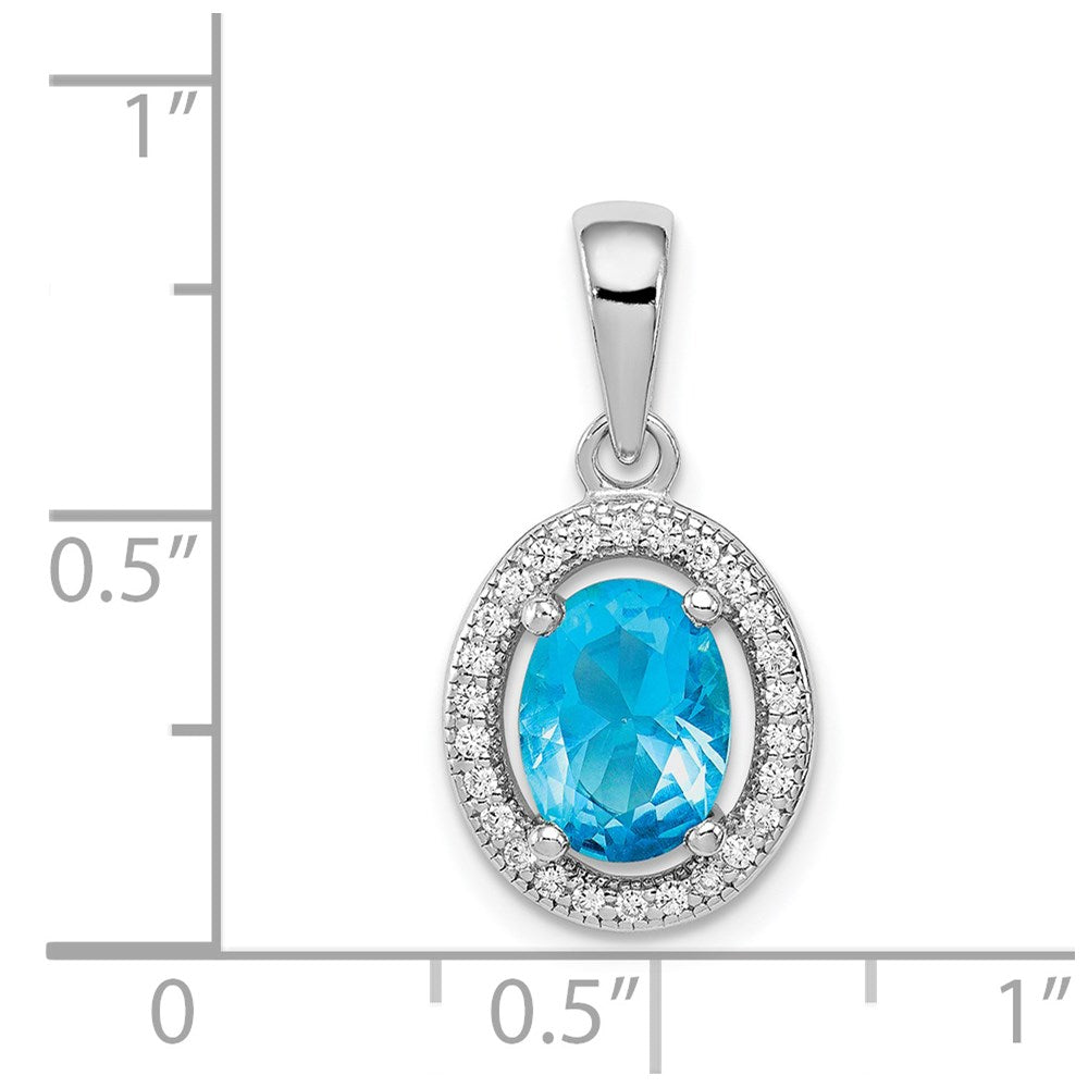 Sterling Silver Rhod-Plated W/ Light Blue And White Cz Oval Pendant
