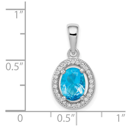 Sterling Silver Rhod-Plated W/ Light Blue And White Cz Oval Pendant