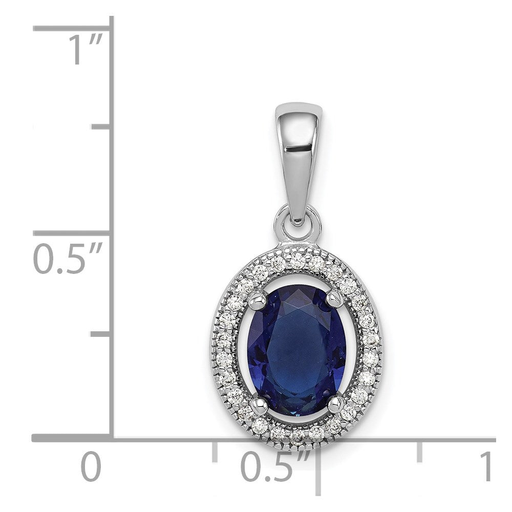Sterling Silver Rhod-Plated Dark Blue And White Cz Oval Pendant