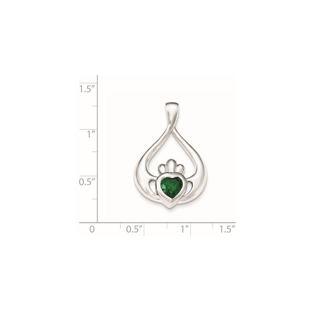 Sterling Silver Rhodium-Plated Green Cz Heart Claddagh Pendant