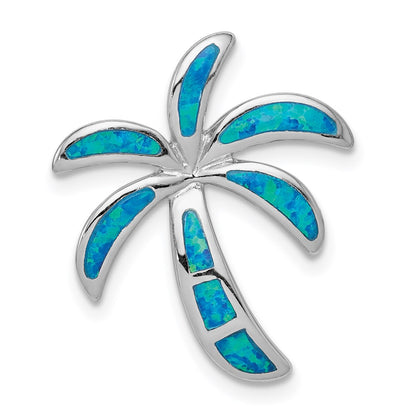 Sterling Silver Rhodium-Plated Created Blue Opal Palm Tree Slide