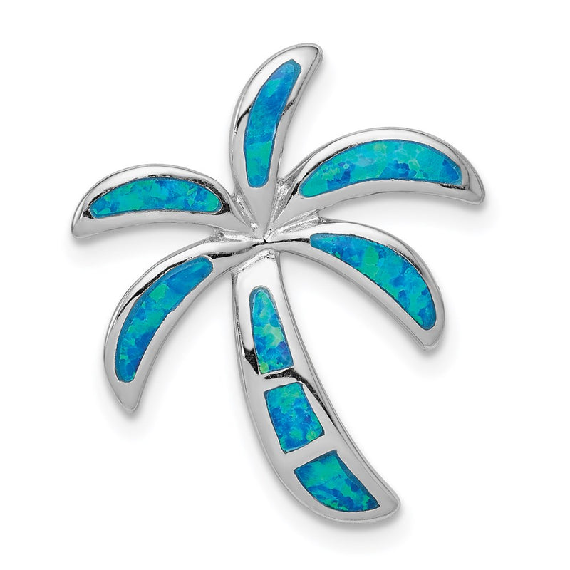 Sterling Silver Rhodium-Plated Created Blue Opal Palm Tree Slide