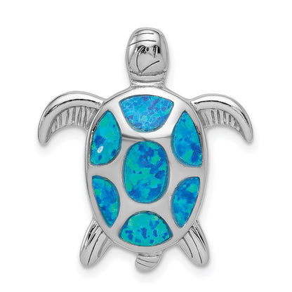 Sterling Silver Rhodium-Plated Polished Created Blue Opal Turtle Slide