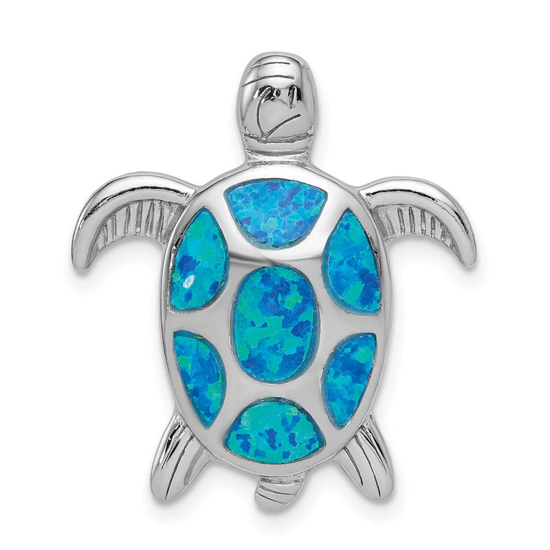 Sterling Silver Rhodium-Plated Polished Created Blue Opal Turtle Slide