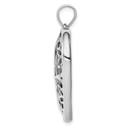 Sterling Silver Rhodium-Plated Filigree Floral Onyx Heart Dangle Pendant