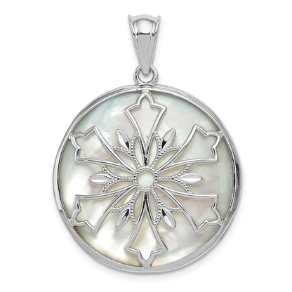 Sterling Silver Rhodium-Plated Snowflake Diamond Cut Mother Of Pearl And Onyx Reversible Pendant