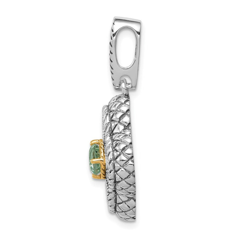 Silver/14K Two-Tone Sterling Silver Rhod. W/14K Gold Accent Qrtz & Cz Filigree Clover Pendant
